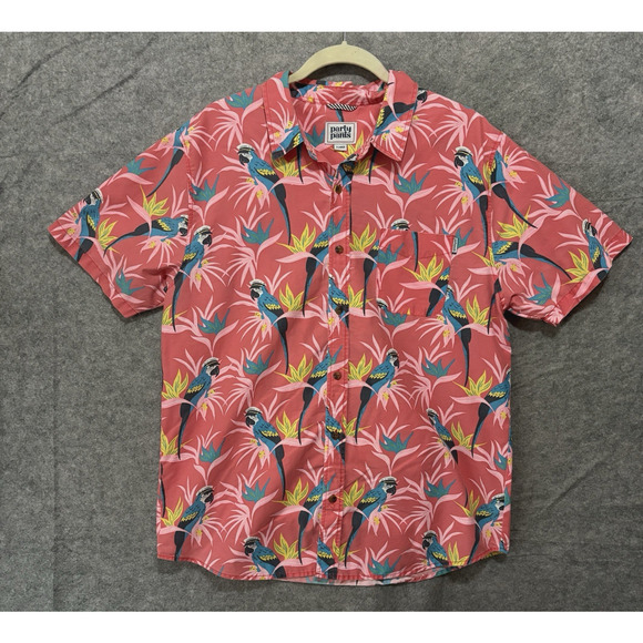 Party Pants Parrot Hawaiian Shirt Mens XL Pink Pocket‎ Lightweight Tropical - Picture 1 of 8